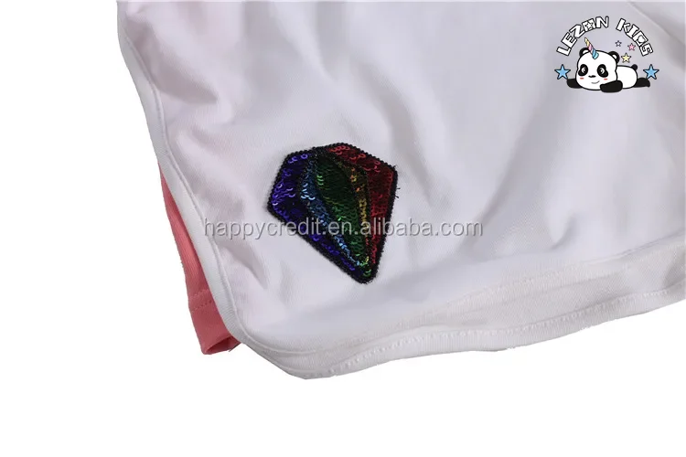 LEZONKIDS - Conjunto de Roupas de Lantejoulas para Meninas Personalizado com Remendo de Aplicação de Diamante para Verão